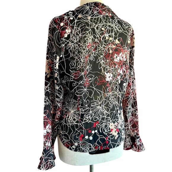 Vintage Long Sleeve Shirt Medium Red Black Sheer Flowy Business Casual Indie - Picture 5 of 7